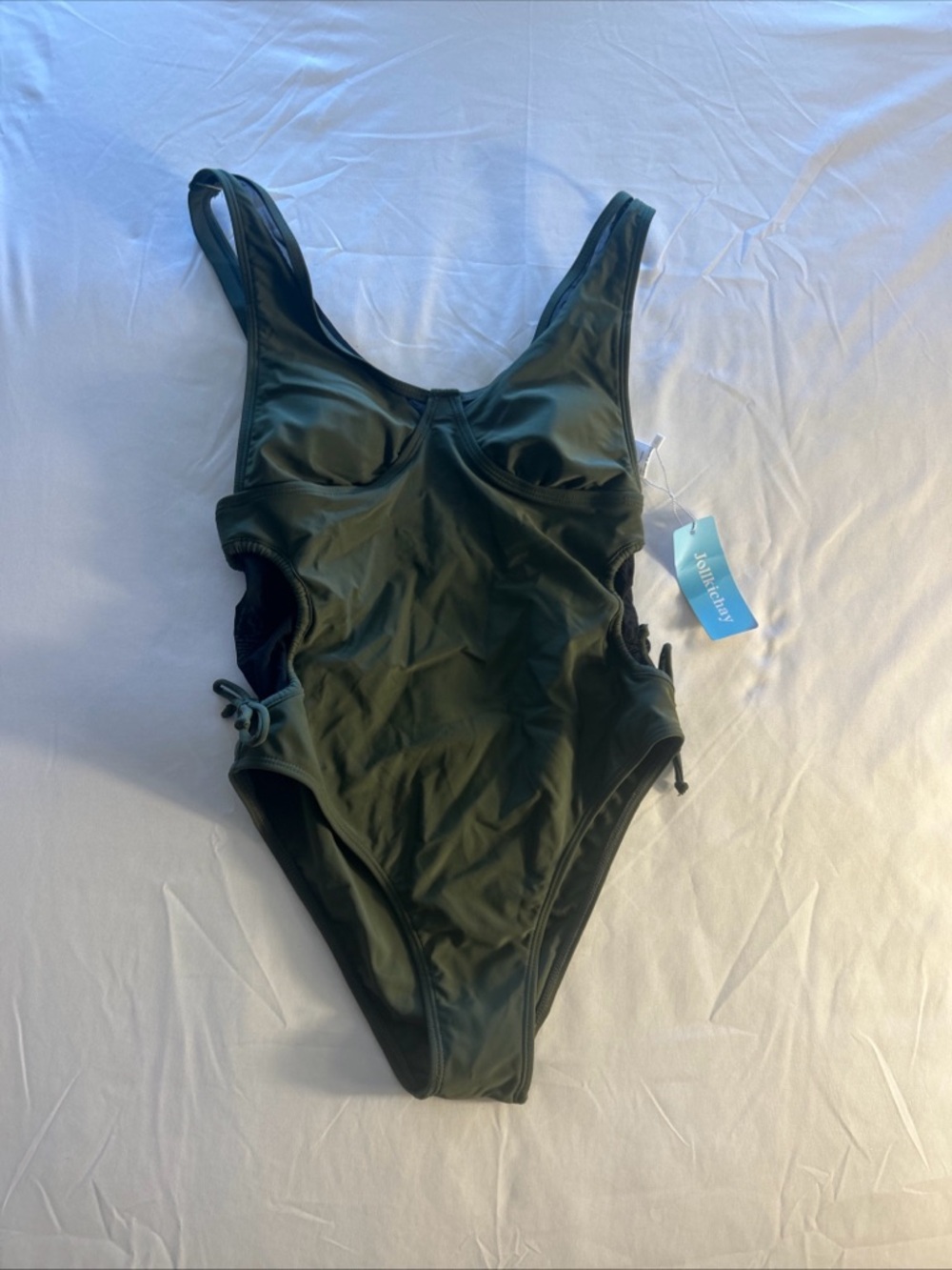 Women’s small Dark Olive One-Piece Swimsuit with Side Tie and mesh Detail